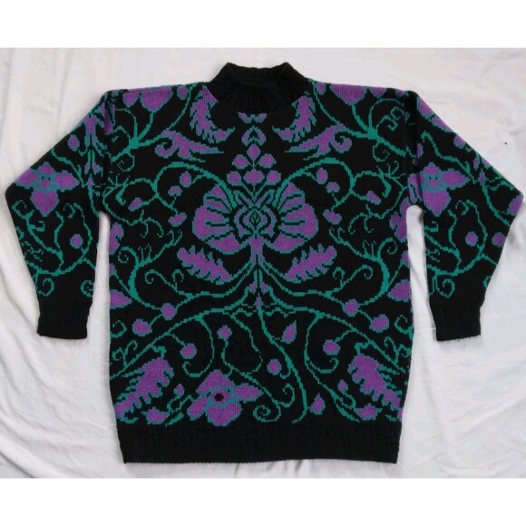 Carriage Court Sweaters - Vintage Carriage Court Sweater Black Purple Blue Scroll Retro Women's Large